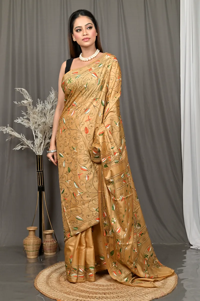 Brown Cotton Bolpur Kantha Stitch Saree (22)