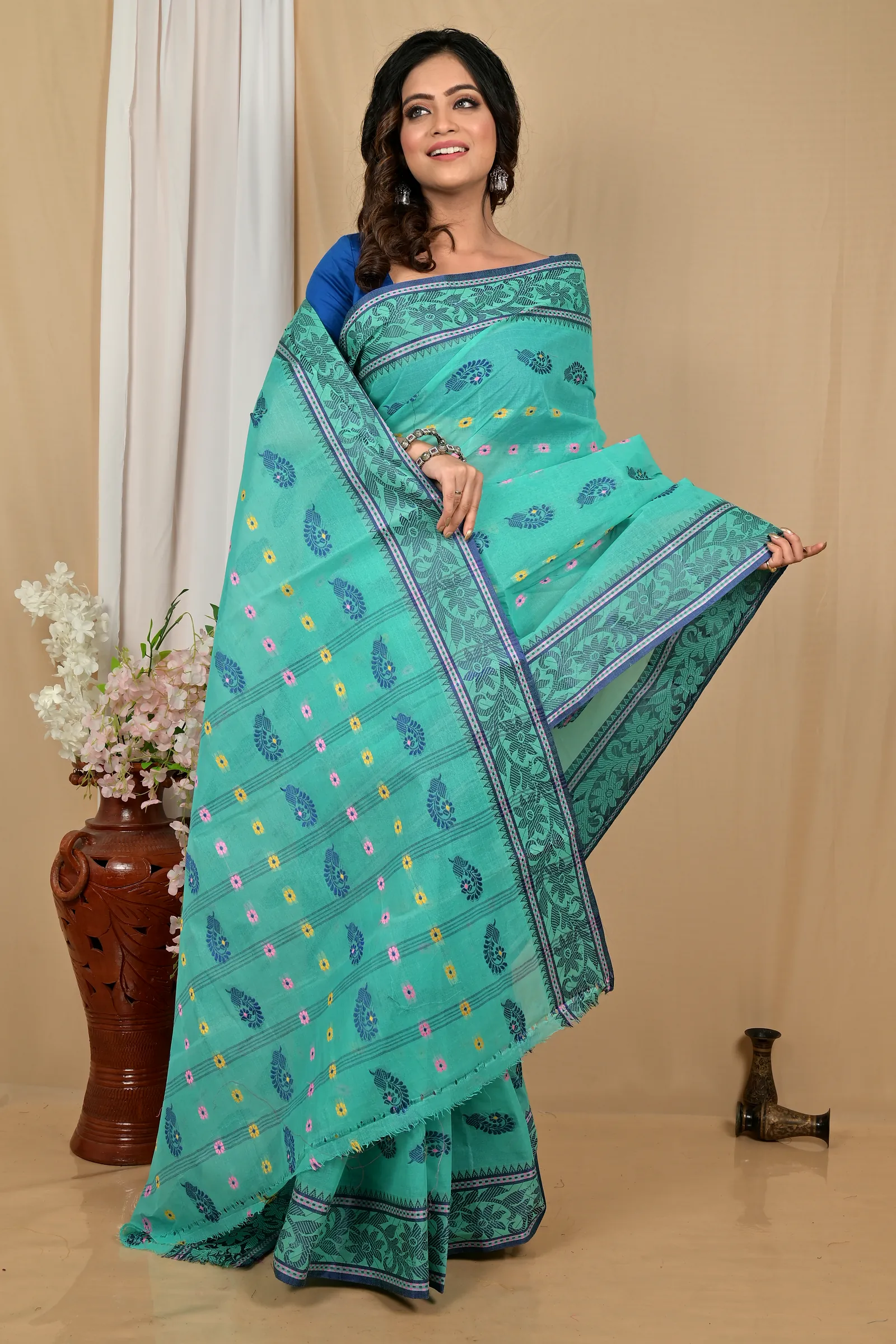 Sea Green Pure Cotton Achrol Tant Saree (2200)