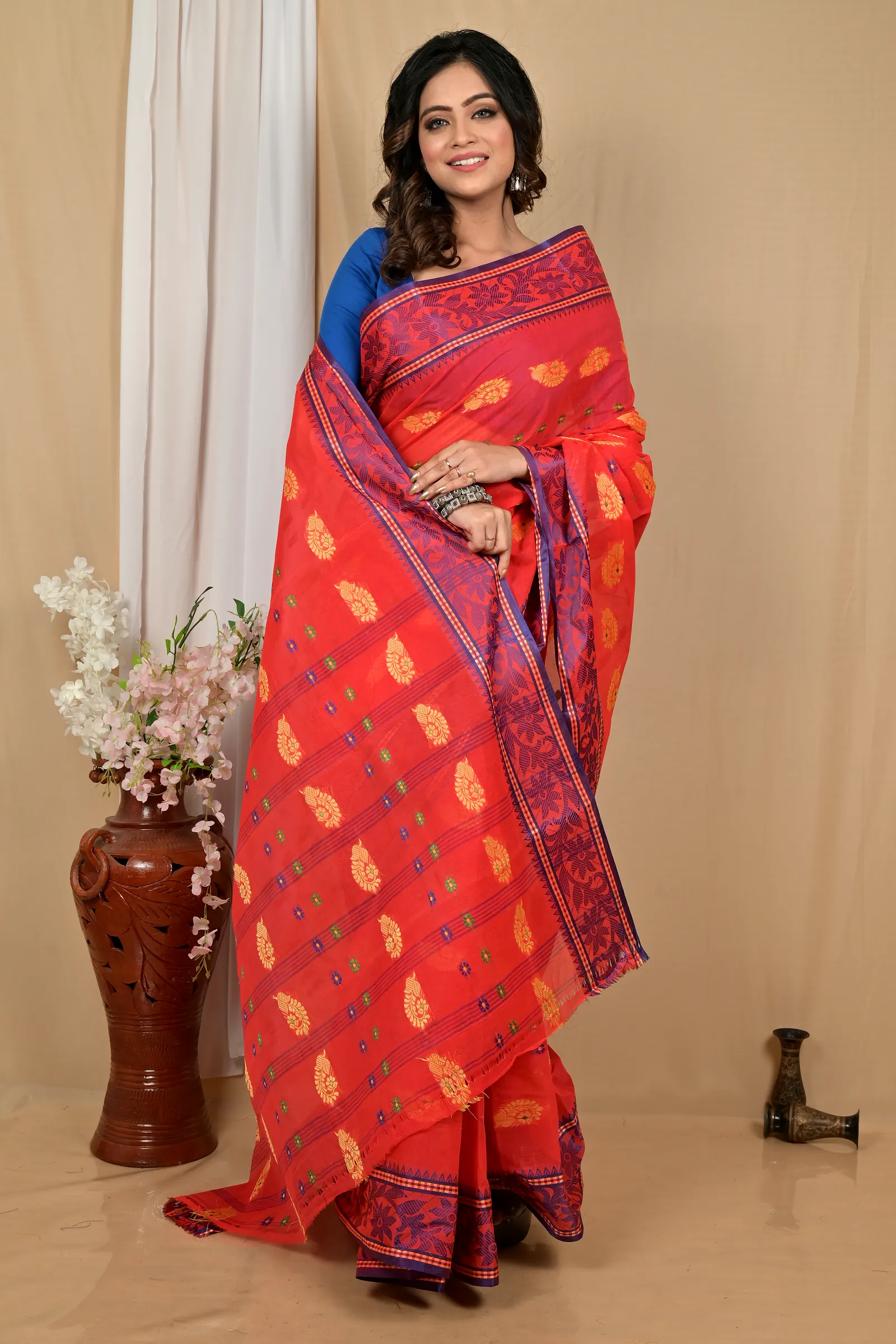 Red Pure Cotton Achrol Tant Saree (2202)