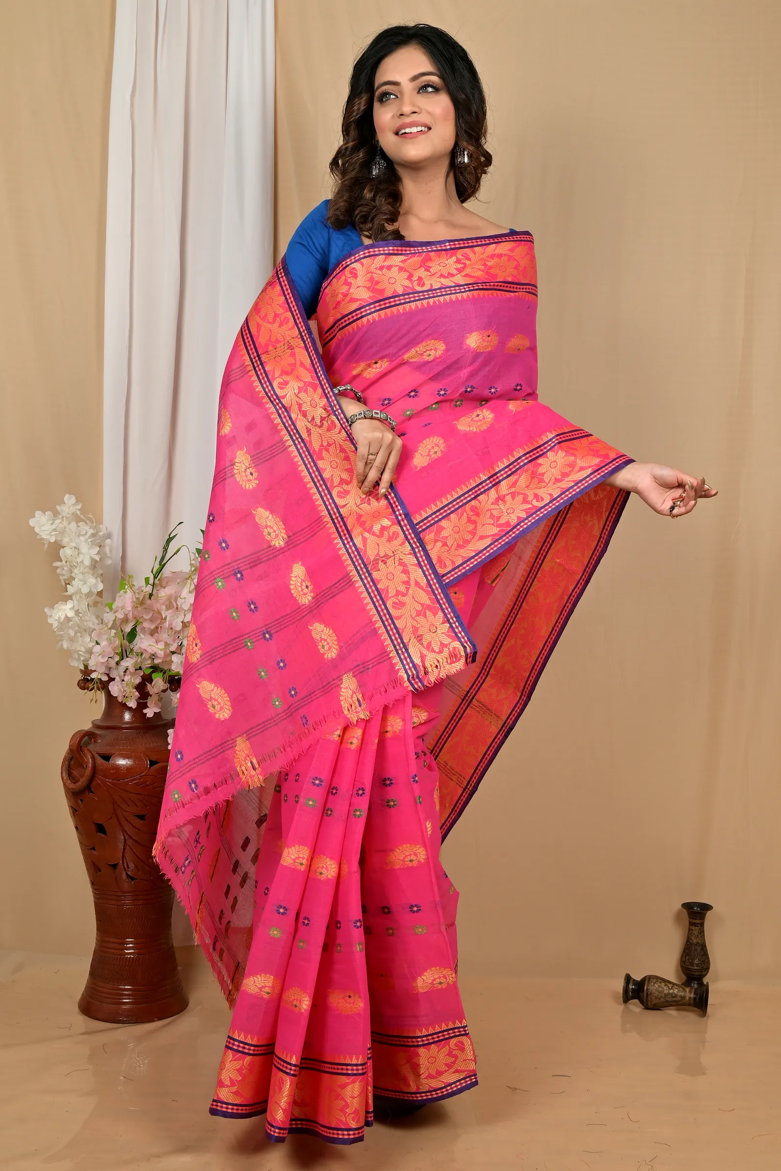 Pink Pure Cotton Achrol Tant Saree (2205)