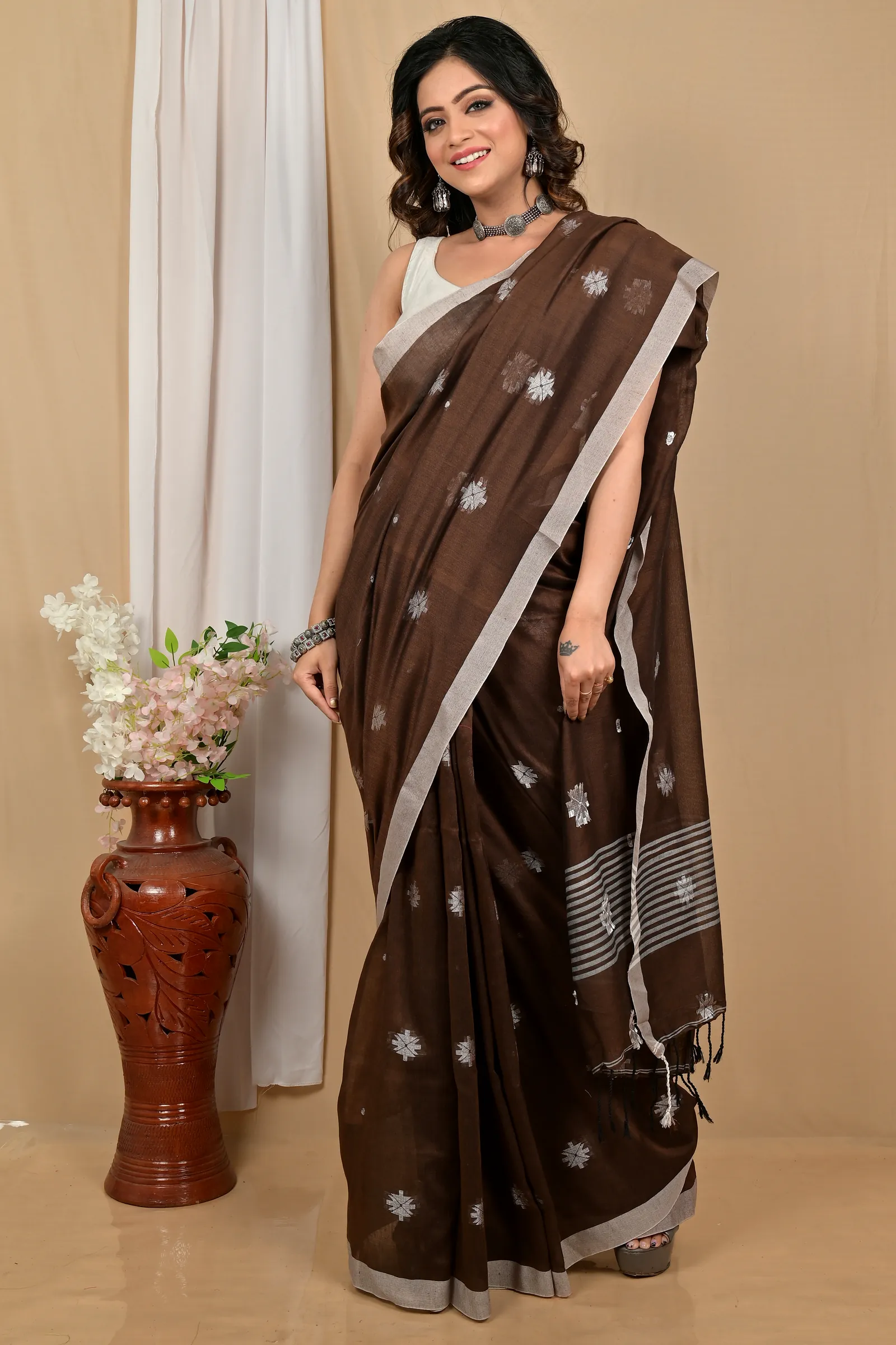 Dark Brown Pure Cotton Achbu Hand Loom Saree (2209)