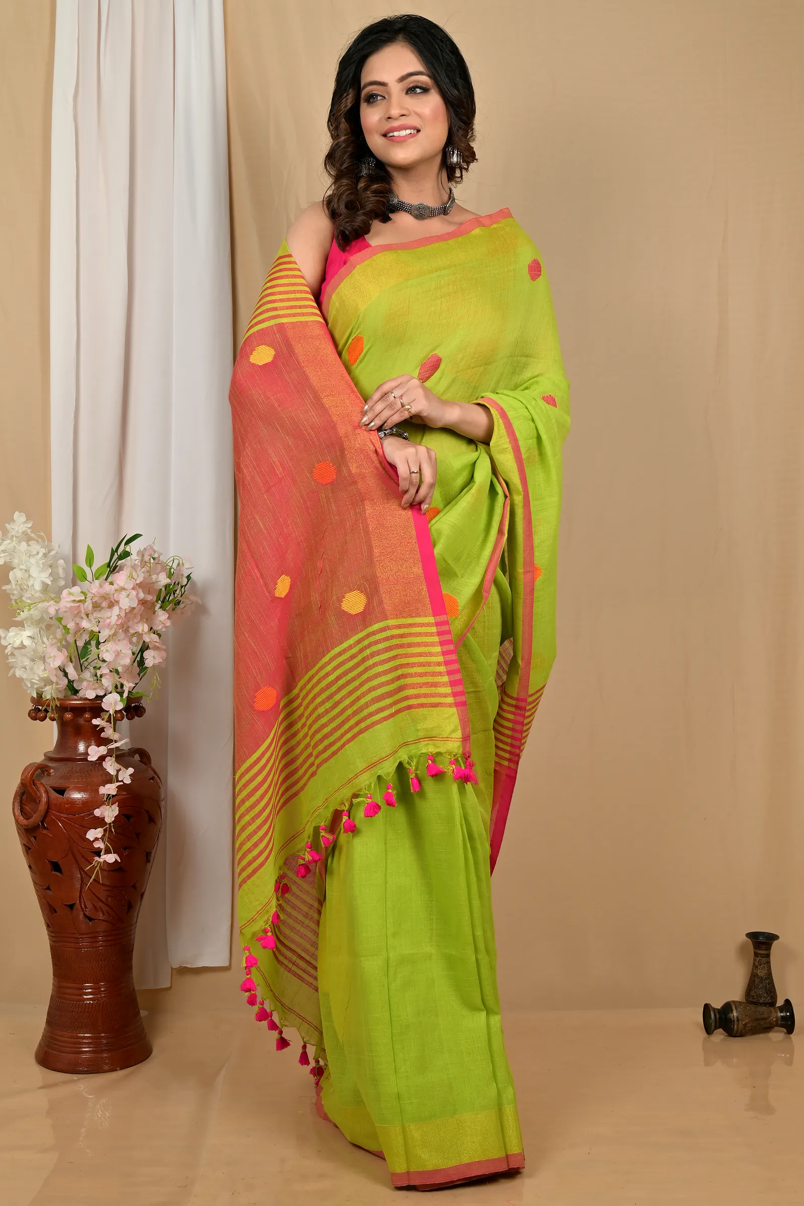 Green Red Pure Cotton Achkol Hand Loom Saree (2214)
