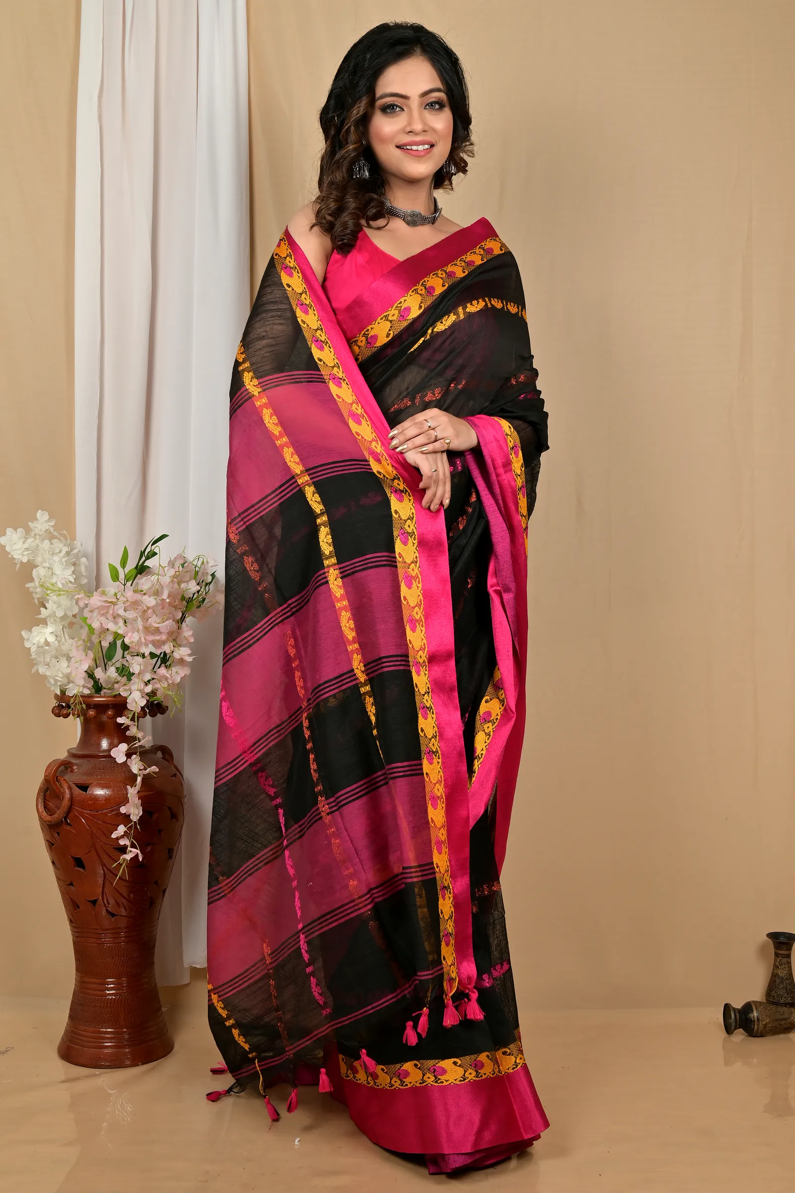 Black Purple Blended Cotton Achsit Hand Loom Saree (2225)
