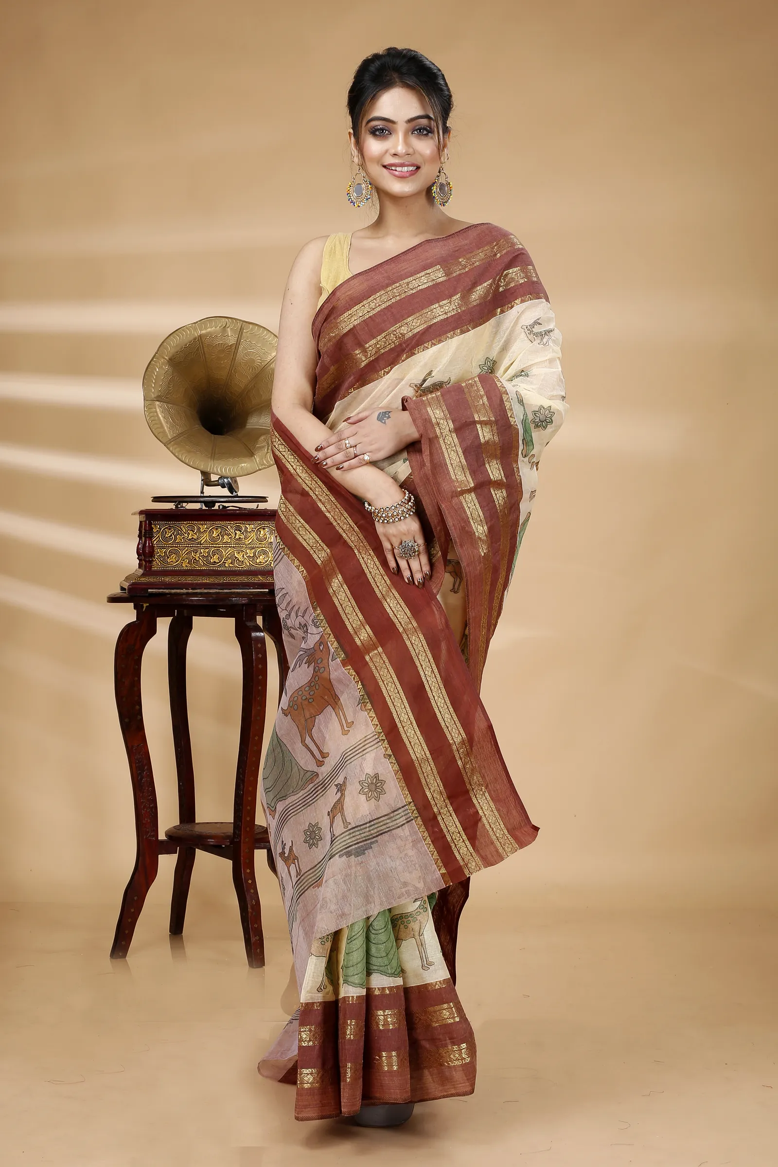Brown Pure Cotton Sakuntala Tant Saree Print (2231)