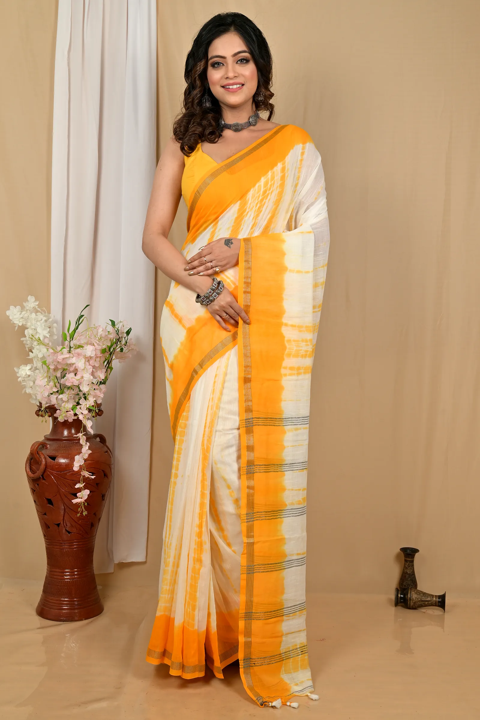 Yellow White Pure Cotton Achmol Badhni Dye Saree (2238)