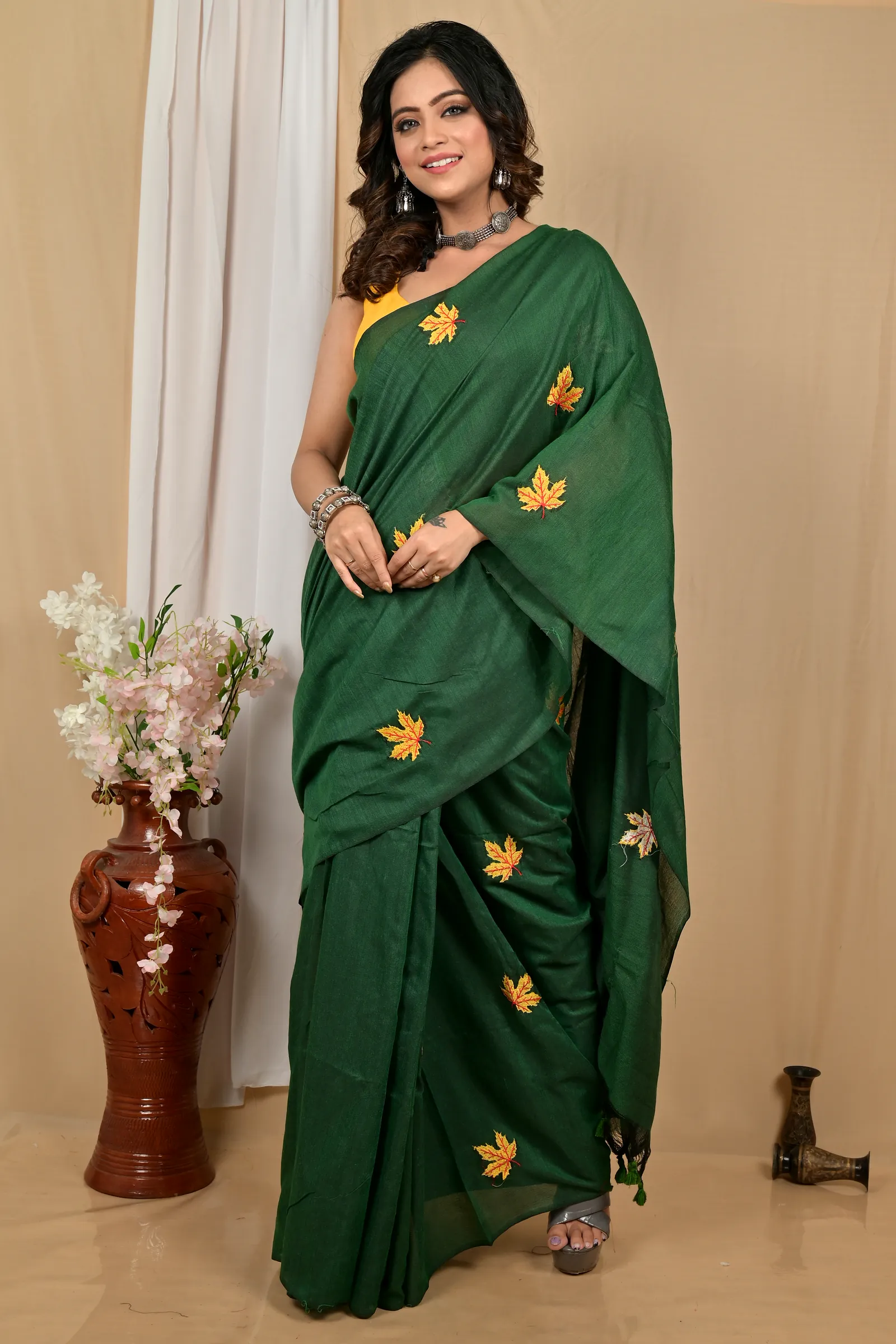 Dark Green Pure Cotton Achrun Embroidery Handloom saree (2241)