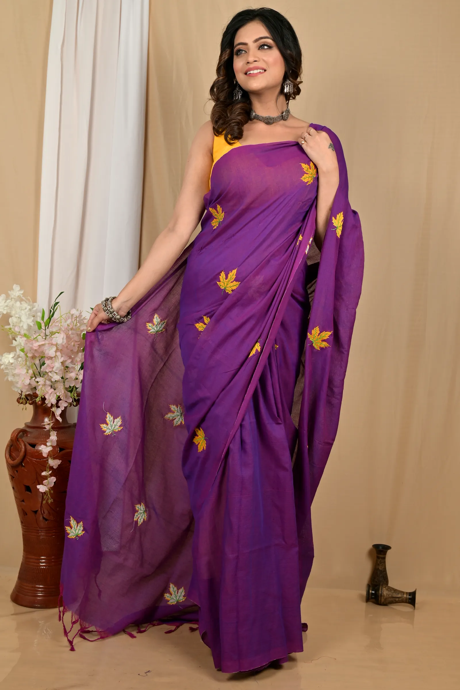 Dark Purpel Pure Cotton Achrun Embroidery Handloom saree (2242)