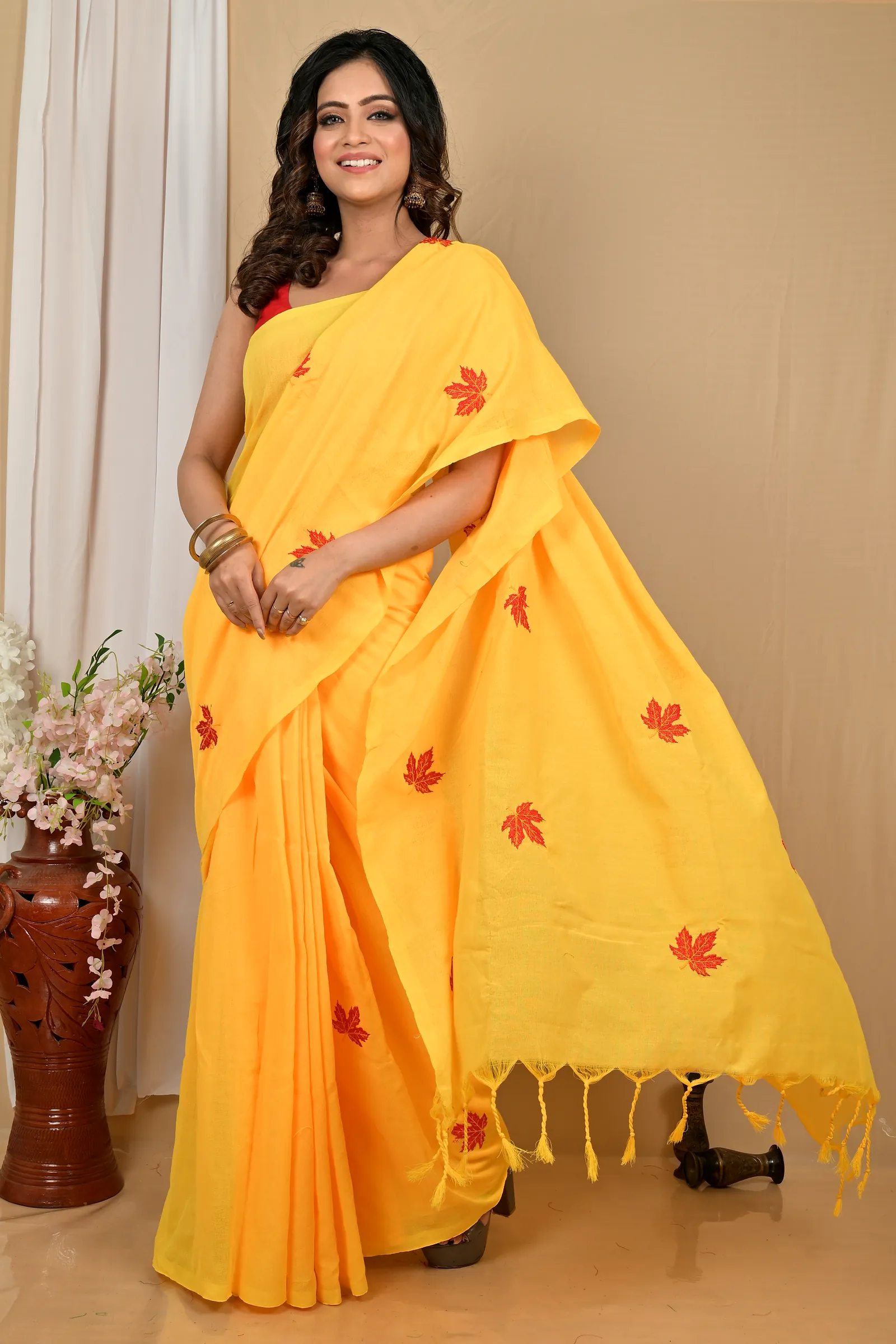Yellow Pure Cotton Achrun Embroidery Handloom saree (2245)