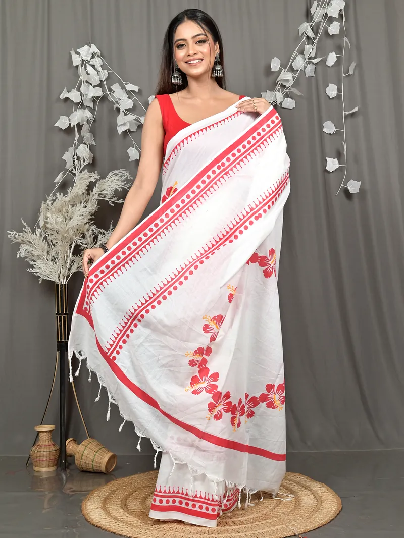 White Red Pure Cotton Borma Handloom Saree (2260)