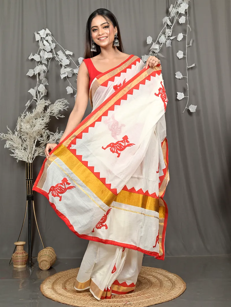 White Red Pure Cotton Borma Handloom Saree (2261)