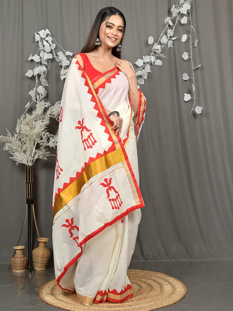 White Red Pure Cotton Borma Handloom Saree (2263)