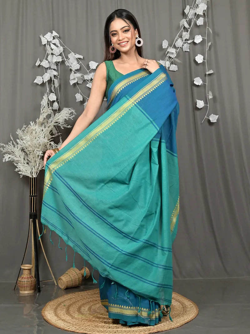 Dark Green Pure Cotton Nopra Handloom Saree (2266)
