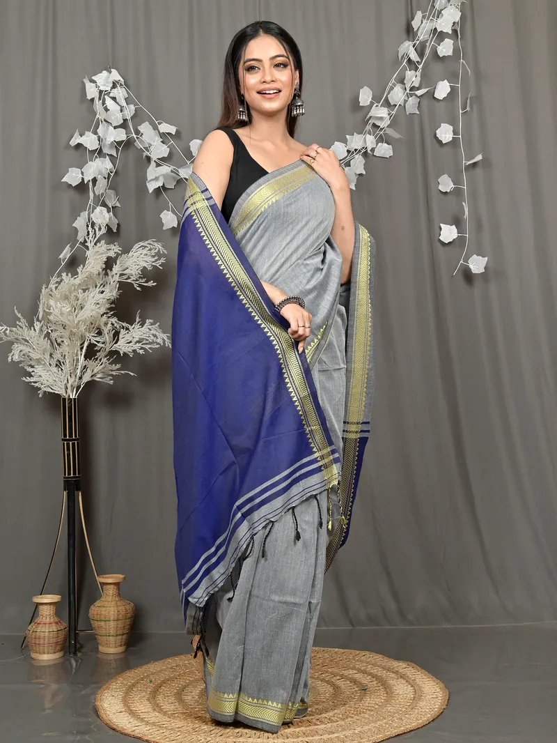 Grey Blue Pure Cotton Nopra Handloom Saree (2269)