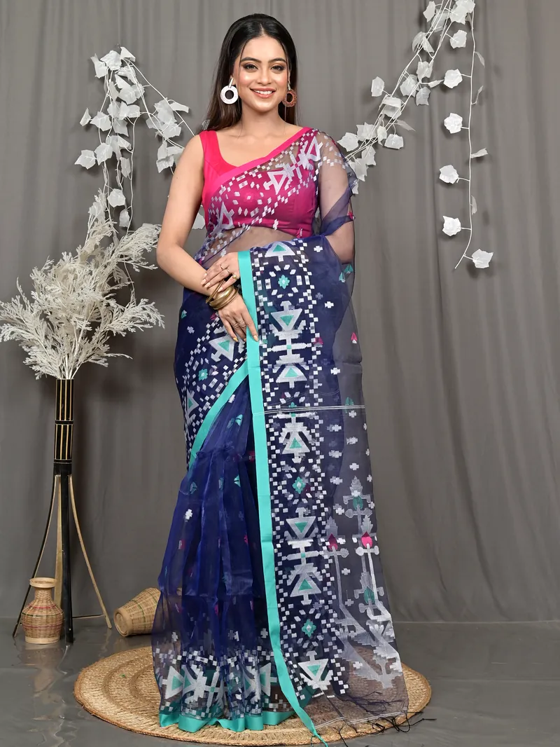 Blue Cotton Nopvi Muslin saree (2273)