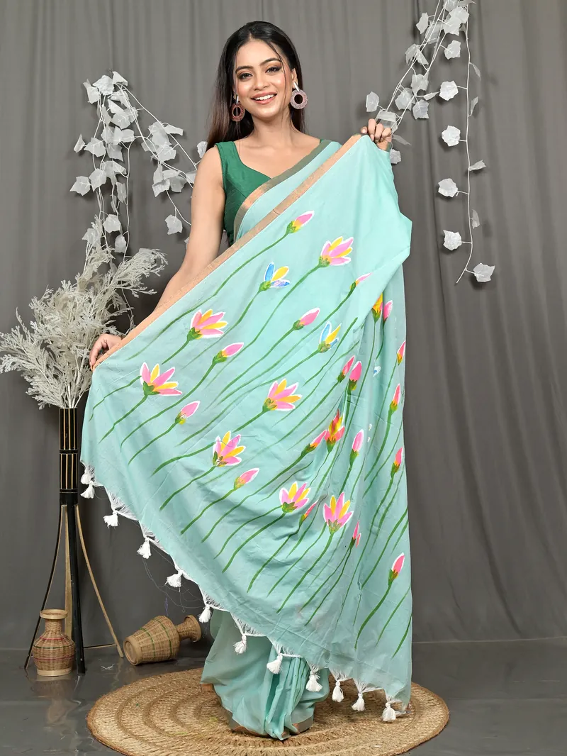 See Green Pure Cotton Norah Hand Painted Saree (2274)