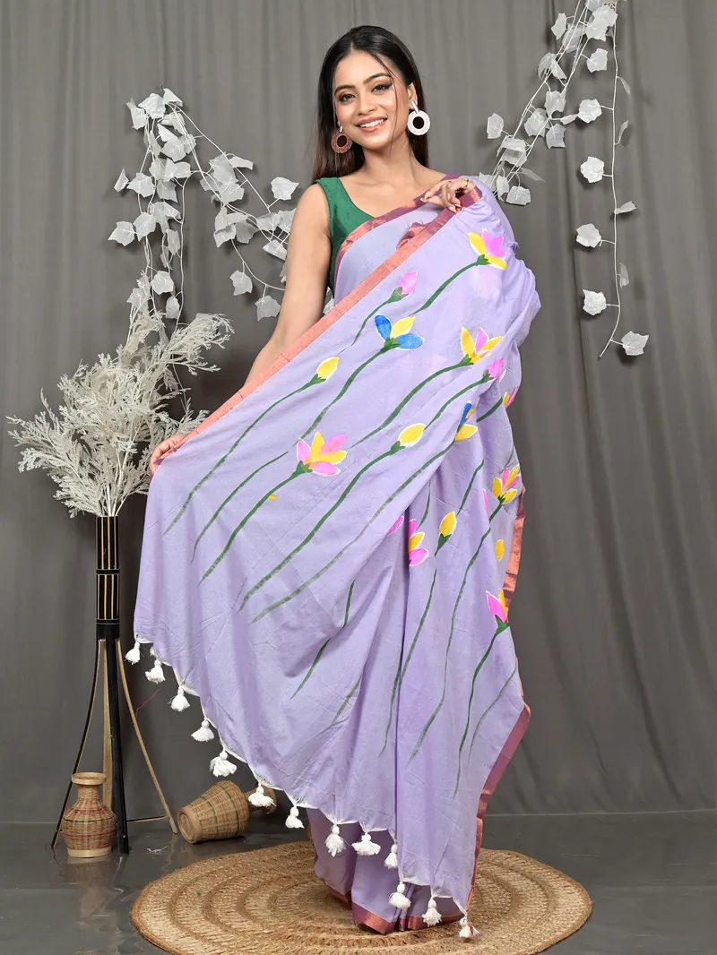 Purpel Pure Cotton Norah Hand Painted Saree (2276)