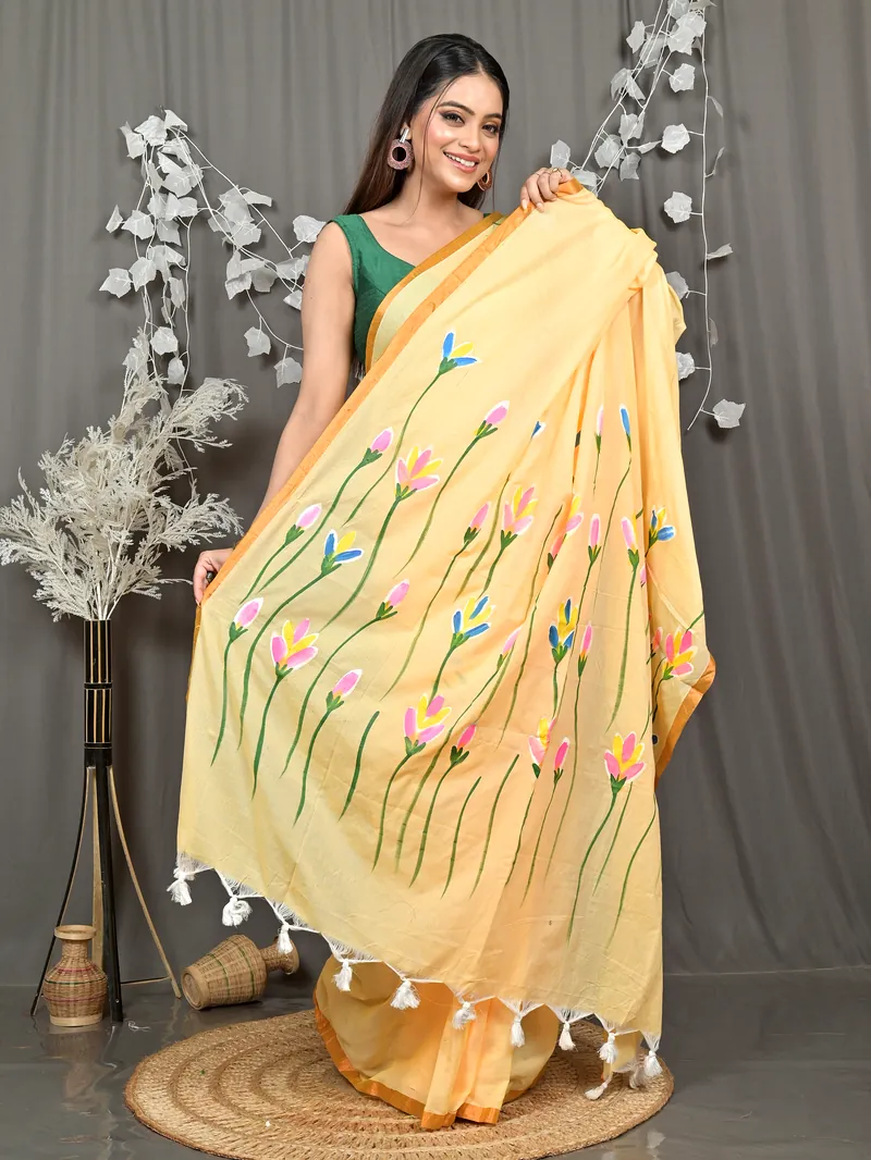 Yellow Pure Cotton Norah Hand Painted Saree (2278)