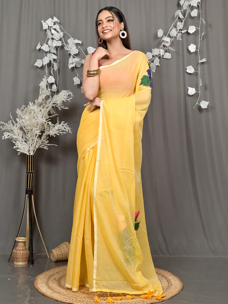 Yellow Pure Cotton Norika Hand Painted Saree (2281)