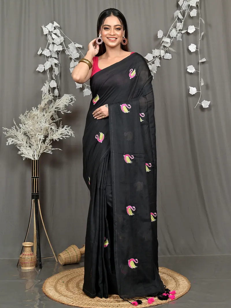 Black Pure Cotton Norvi Embroidery Handloom saree (2284)