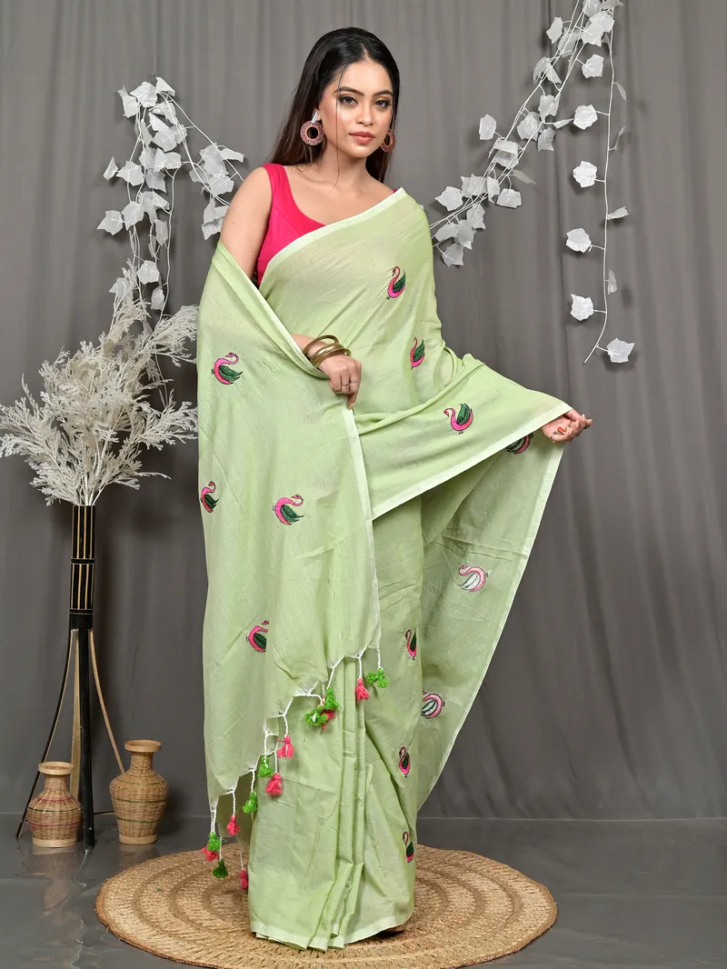 See Green Pure Cotton Norvi Embroidery Handloom saree (2286)