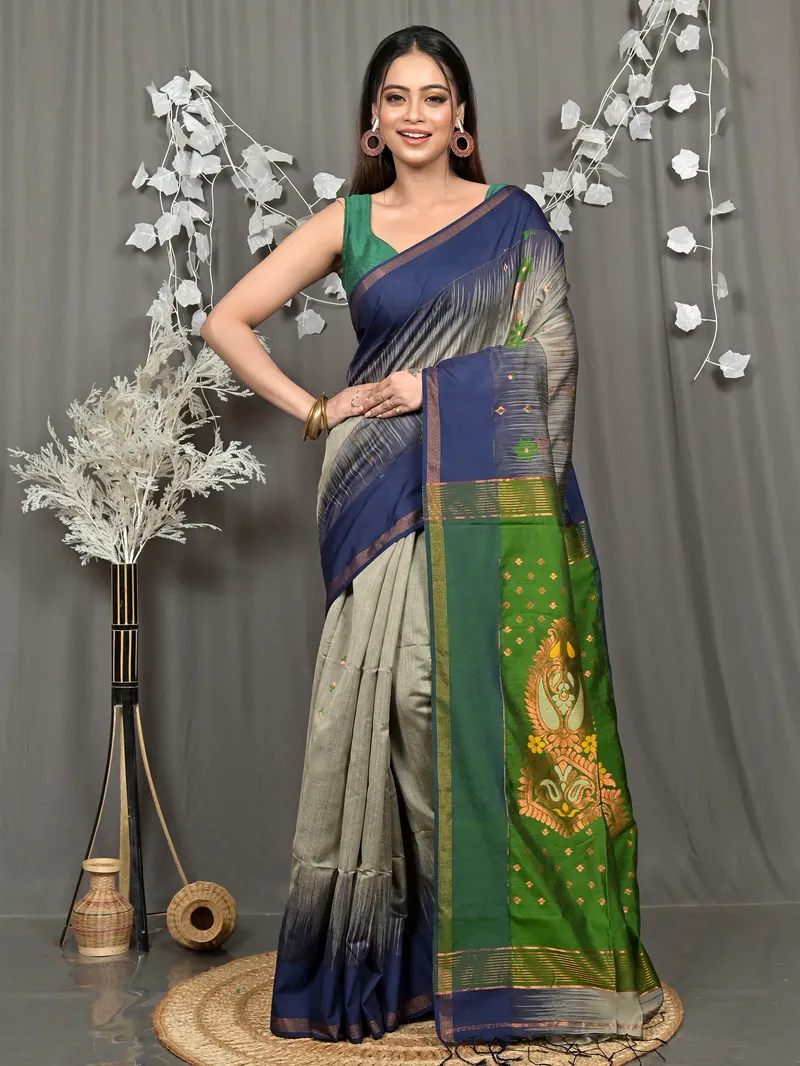 Grey Green Cotton Blend Parlkim Ikkat Jharna Saree (2289)