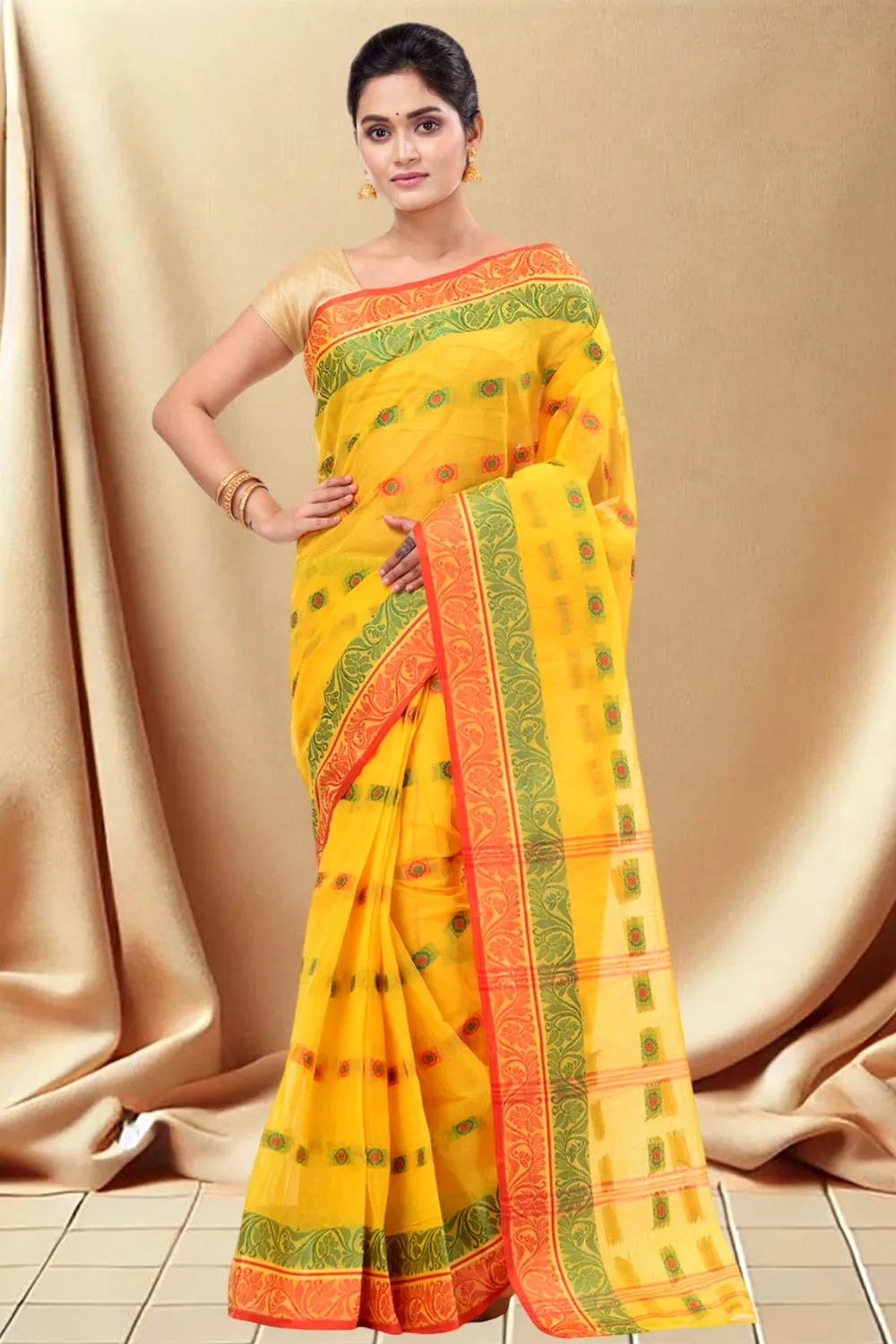 Yellow Pure Cotton Pushti Desiging Tant Saree (229)