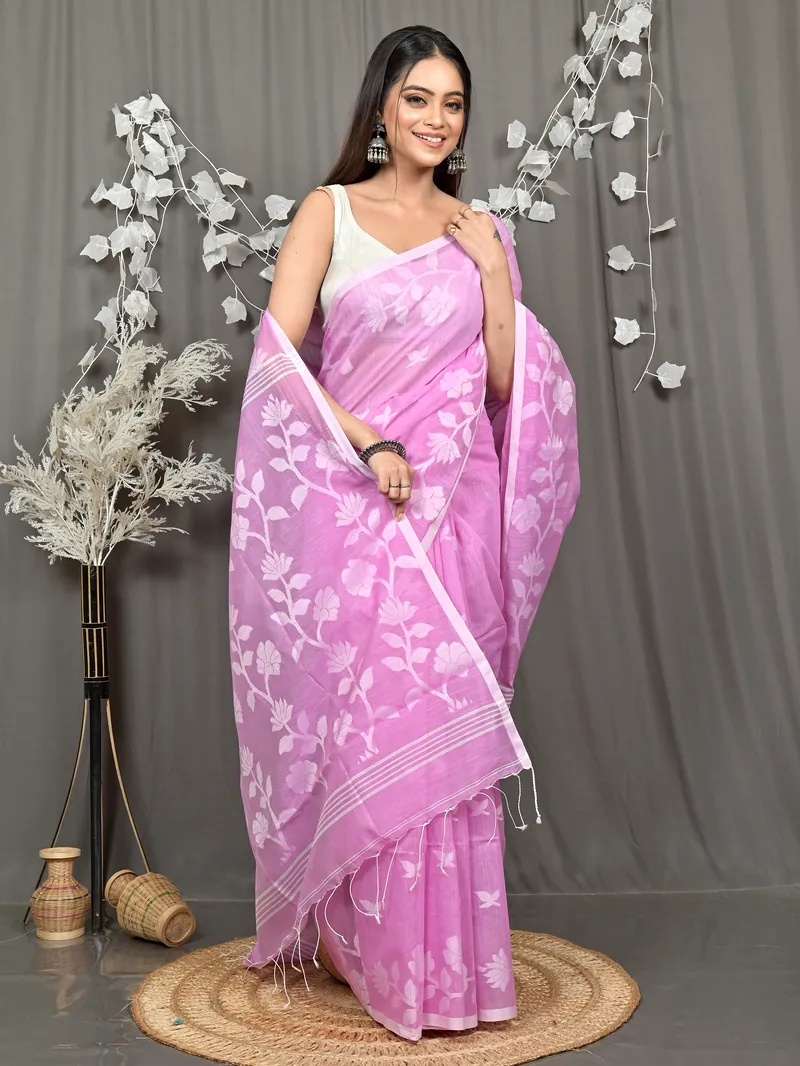 Pink Cotton Blend Parlon Handloom Saree (2292)