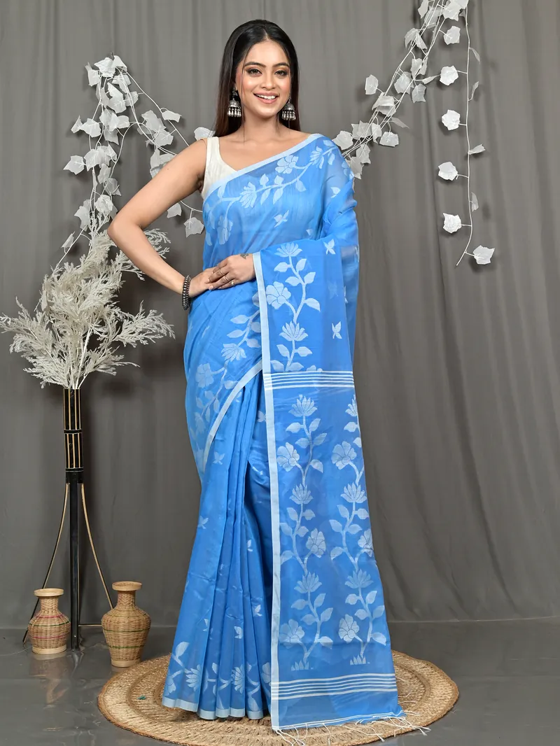 Sky Blue Cotton Blend Parlon Handloom Saree (2294)