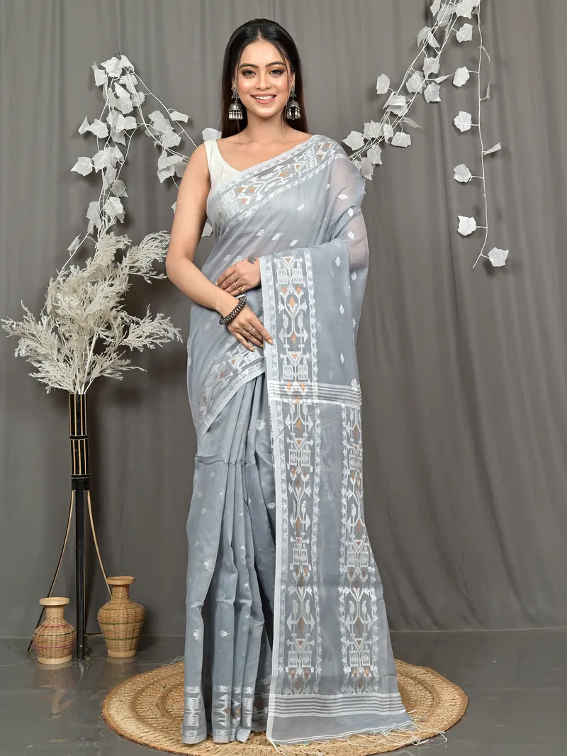 Grey Cotton Blend Parlvi Handloom Saree (2299)