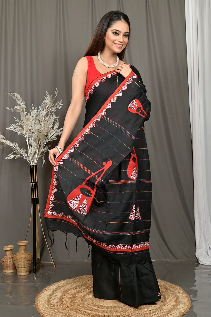 Black Red Cotton Ektara Applique Saree  (23)