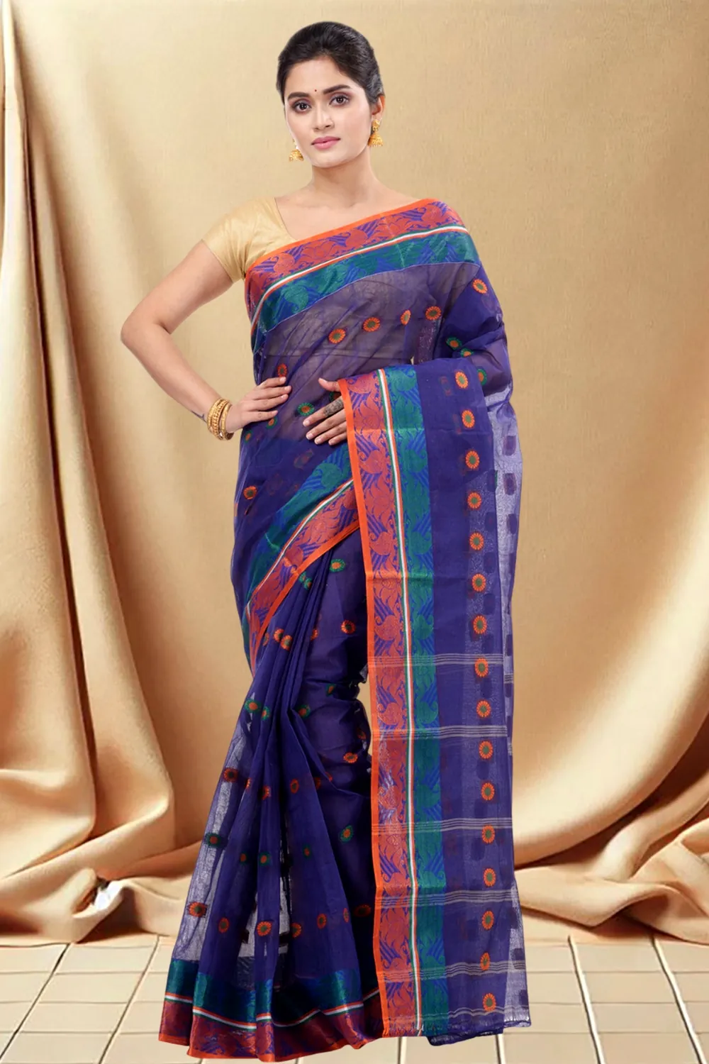 Blue Pure Cotton Pushti Desiging Tant Saree (230)