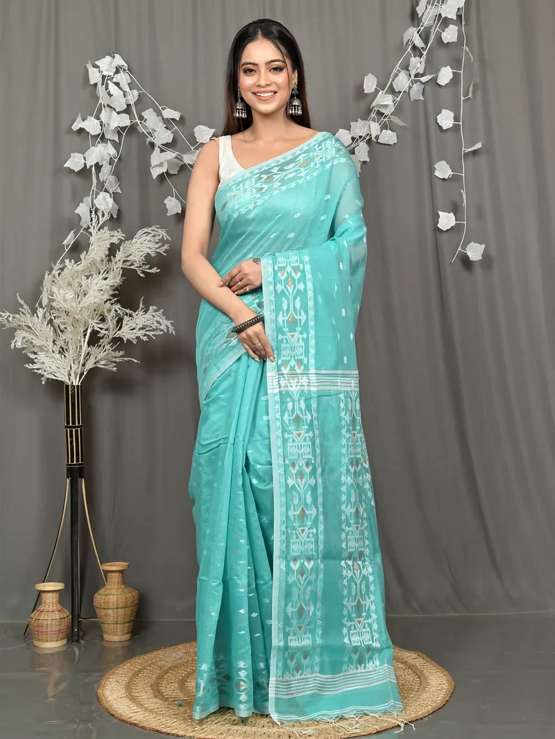 See Green Cotton Blend Parlvi Handloom Saree (2302)