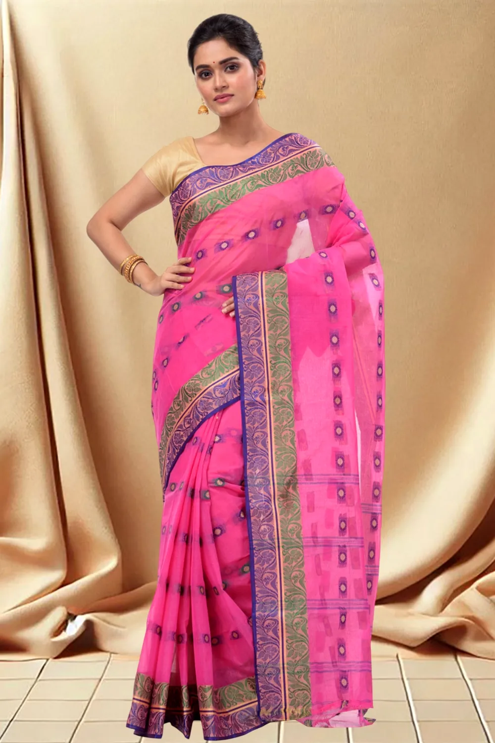Pink Pure Cotton Pushti Desiging Tant Saree (231)