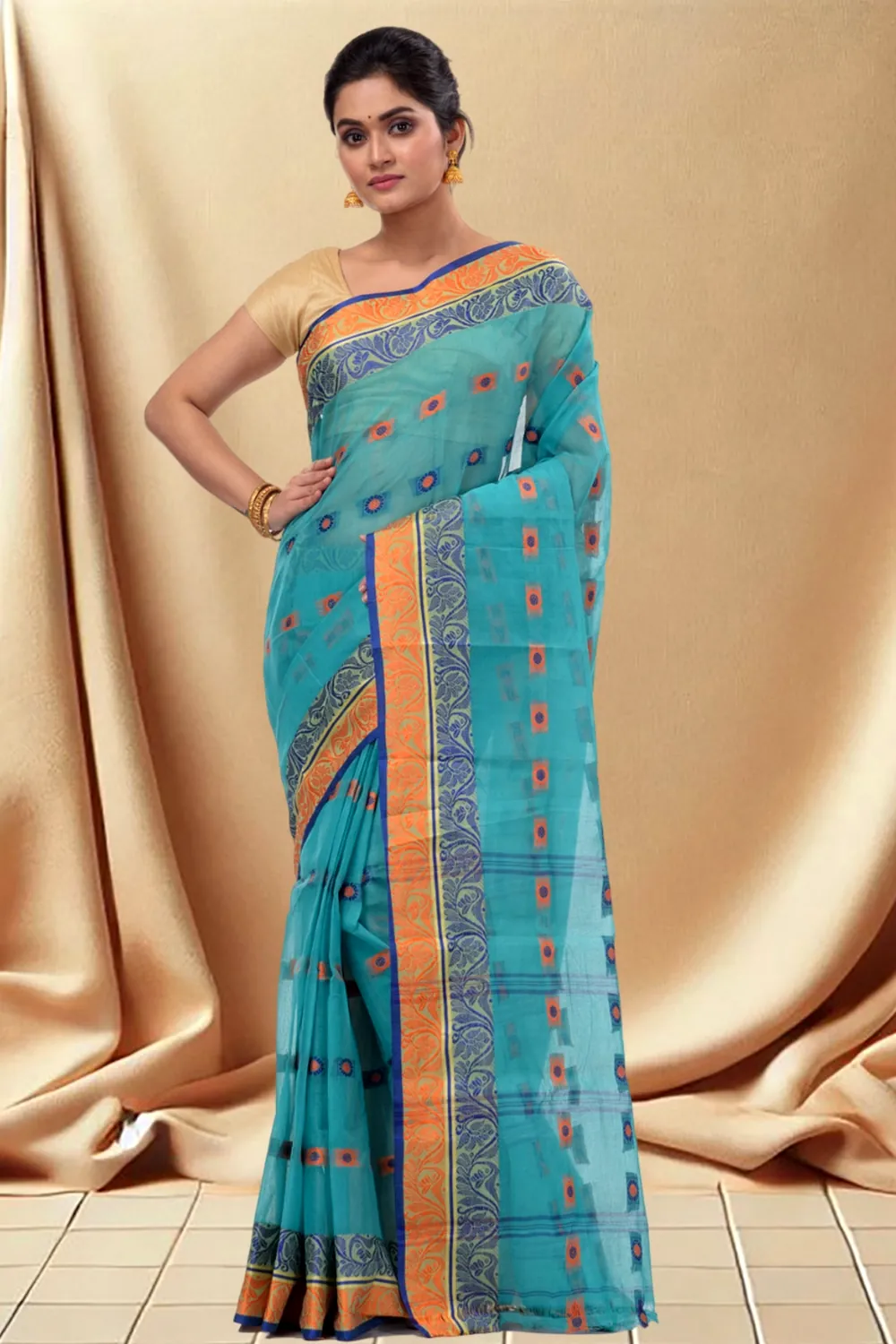 Green Pure Cotton Pushti Desiging Tant Saree (233)