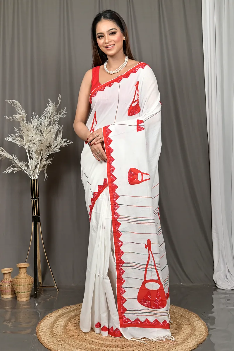 White Red Cotton Ektara Applique Saree  (24)