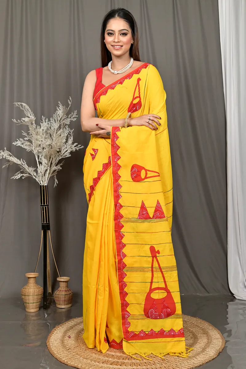 Yellow Red Cotton Ektara Applique Saree  (25)