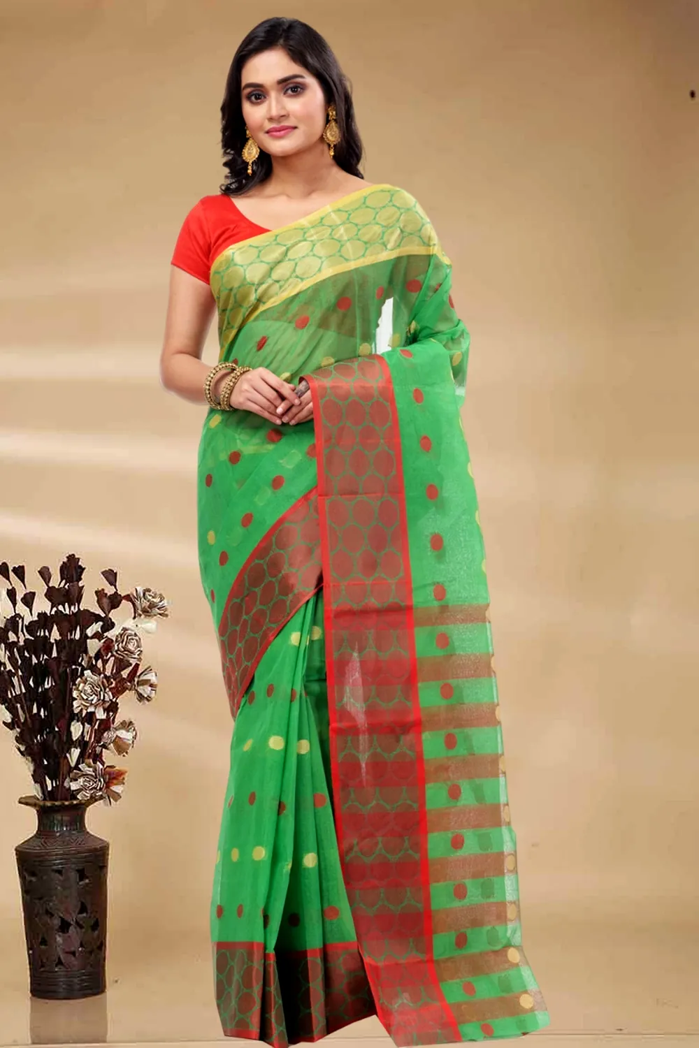 Green Pure Cotton Ganga Jamuna Tant Saree (2558)