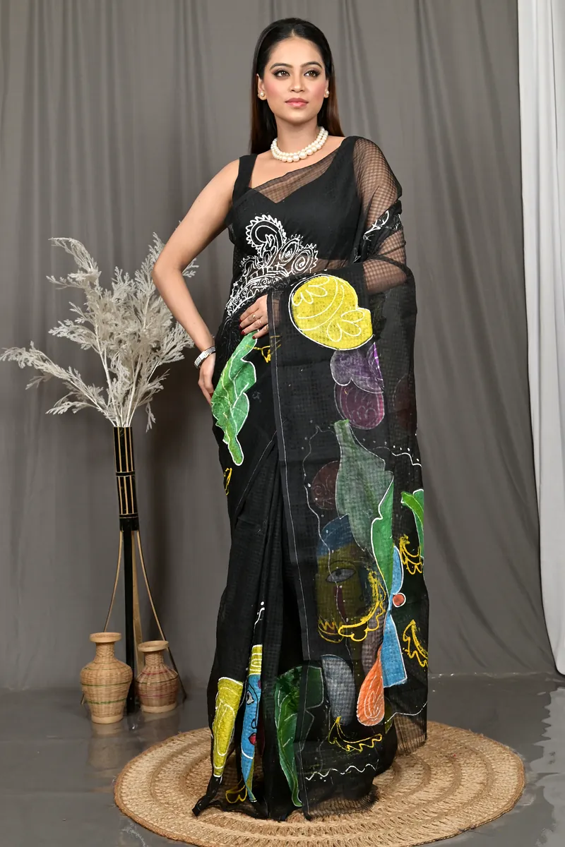 Black Cotton Kotafab Mix Kota Fabric Saree  (26)