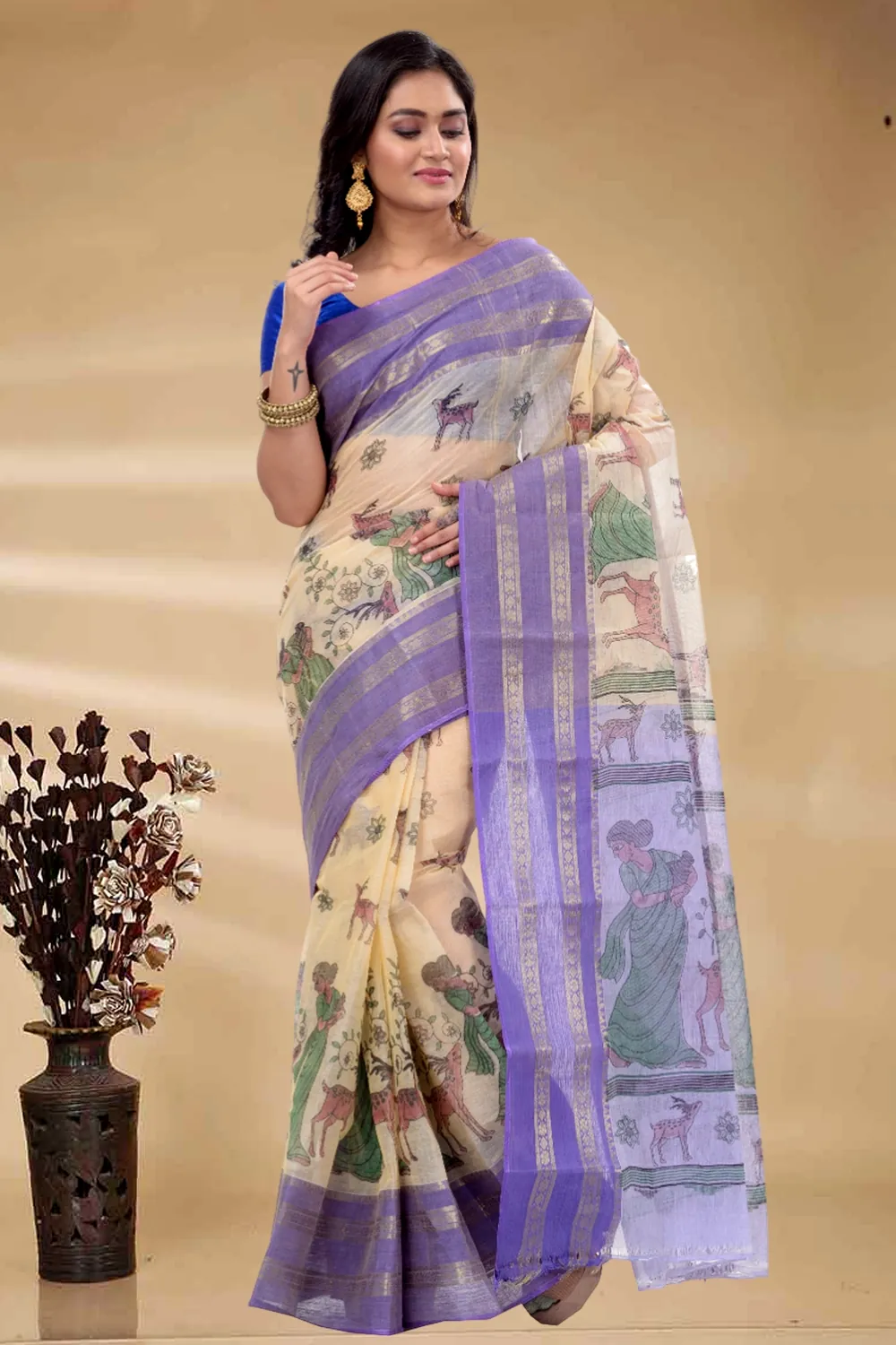 Purple Pure Cotton Sakuntala Tant Saree Print (2645)
