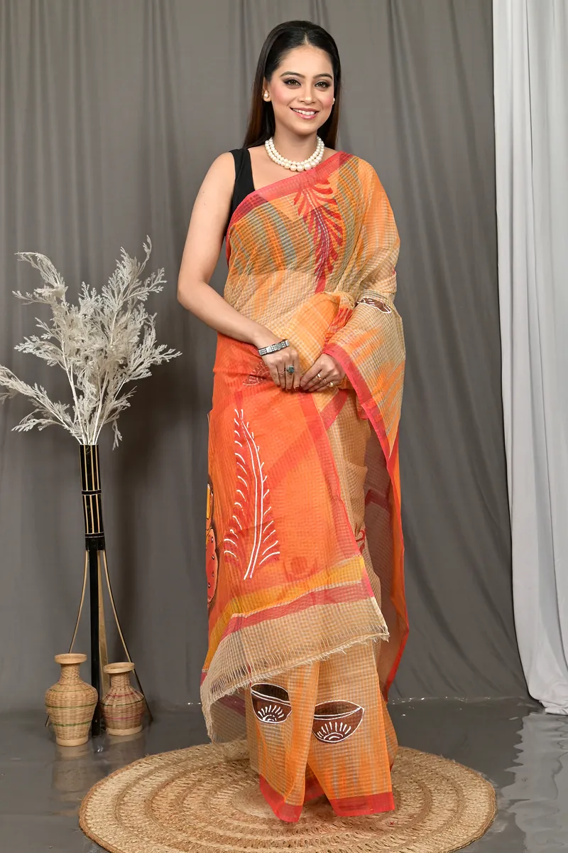 Peach Orange Cotton Kotafab Mix Kota Fabric Saree  (27)