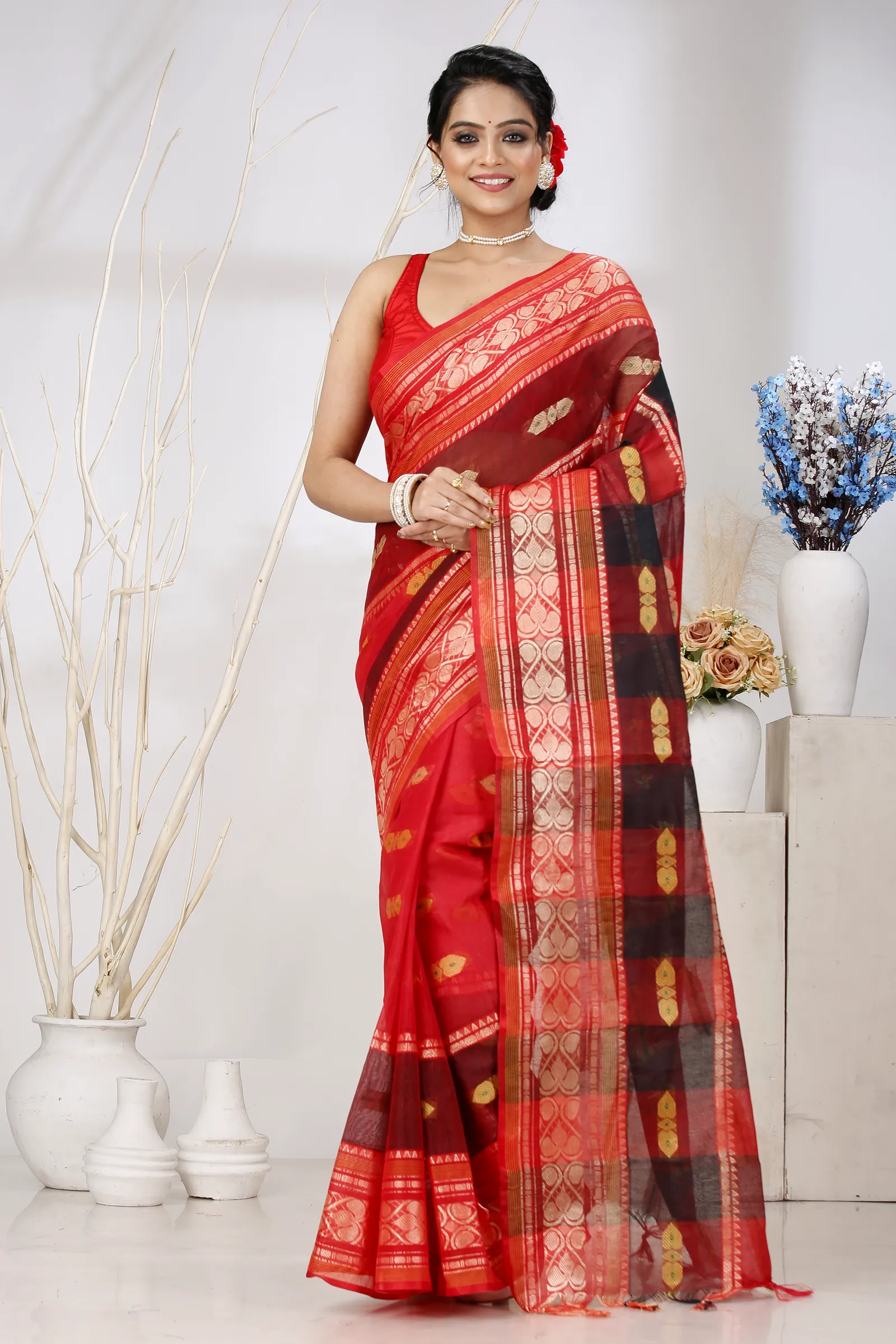 Red Pure Cotton Raj Nandi Desigine Tant Saree (2805)