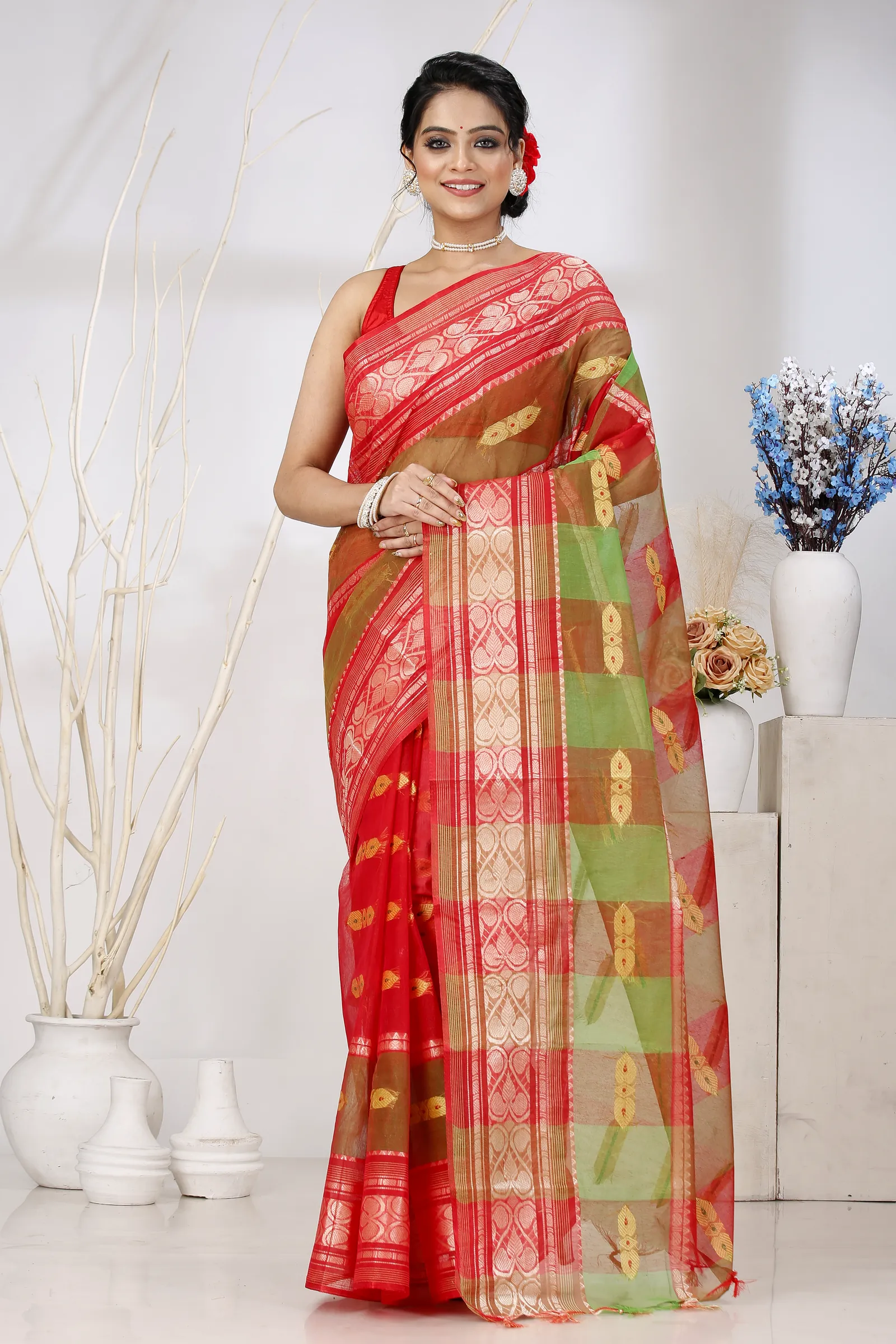 Red Green Pure Cotton Raj Nandi Desigine Tant Saree (2806)