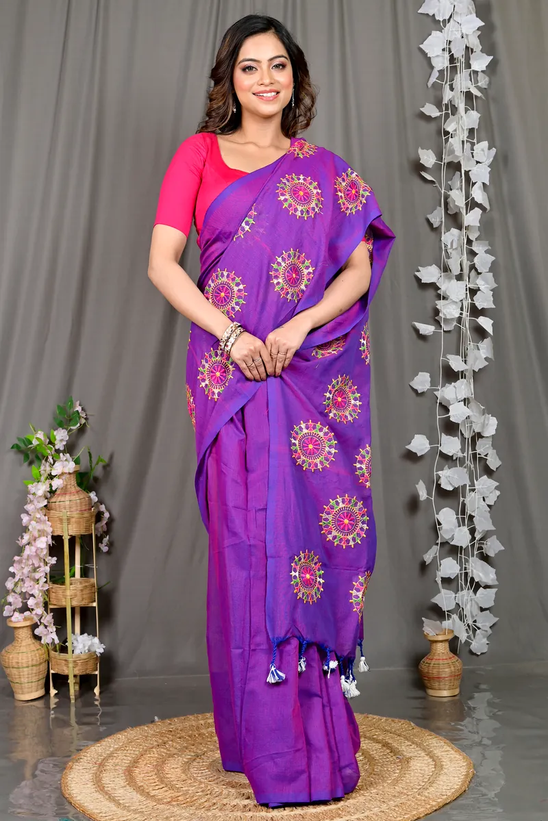 Purple Pure Cotton Parama Embroidery Handloom saree (282)