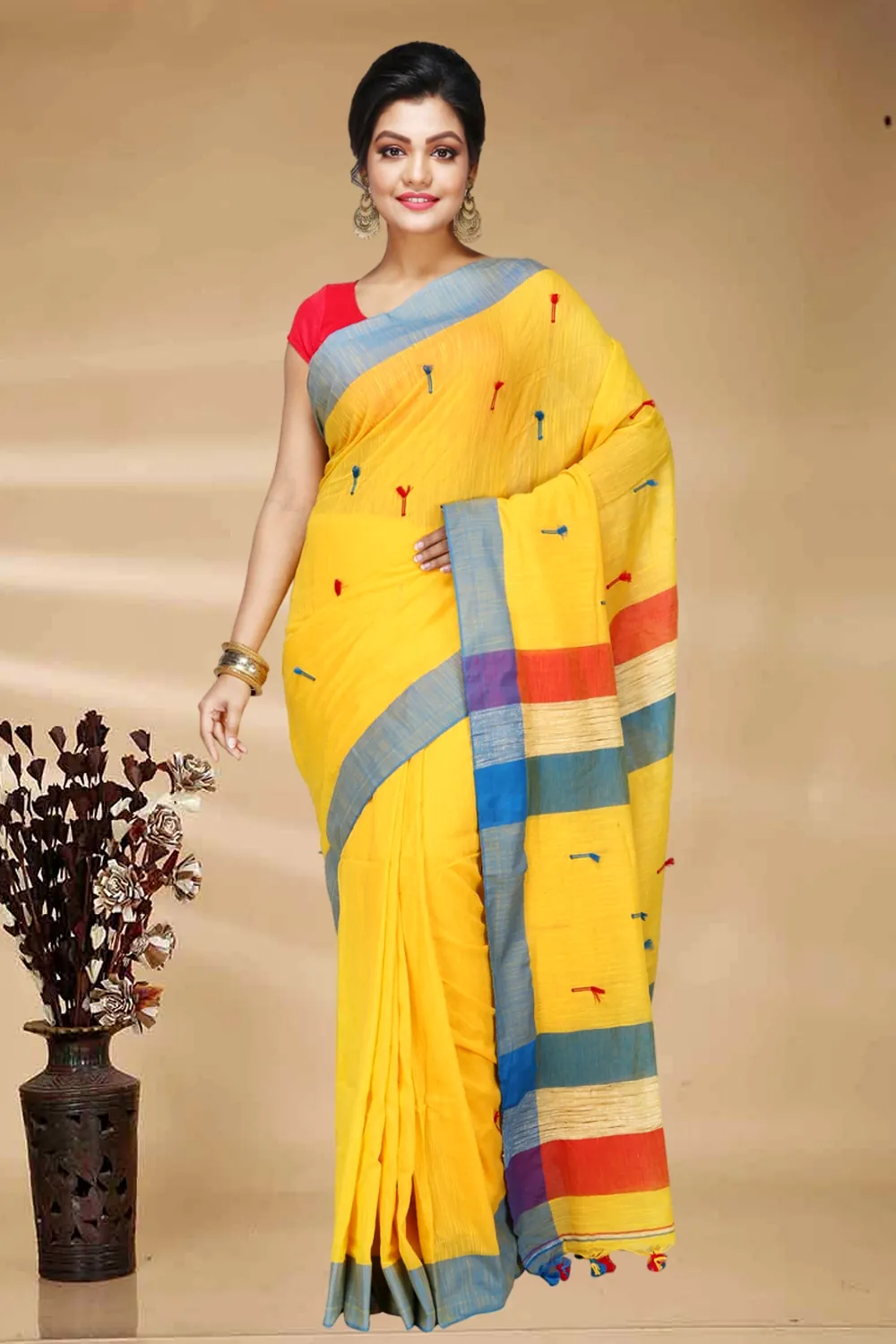 Yellow Pure Cotton Clacial Desigined Hand Loom Saree (2822)