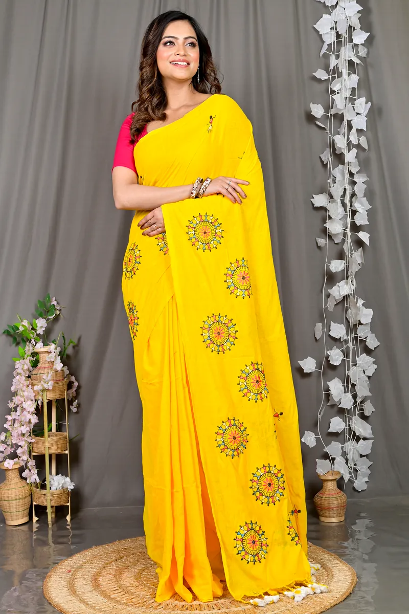Yellow Pure Cotton Parama Embroidery Handloom saree (283)