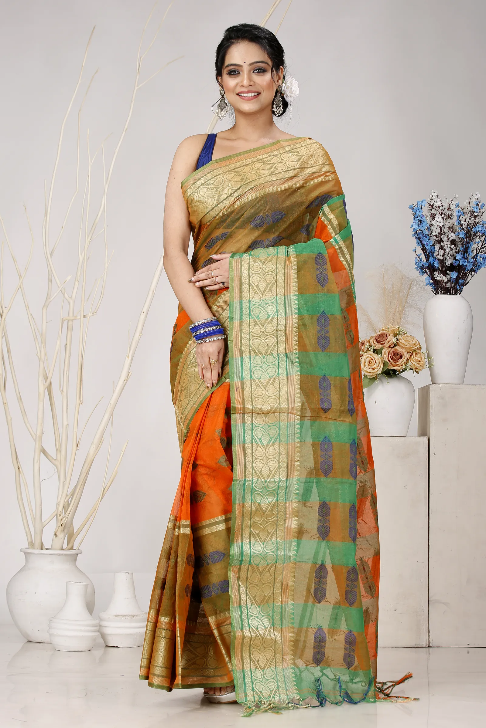 Orange Green Pure Cotton Raj Nandi Desigine Tant Saree (2830)