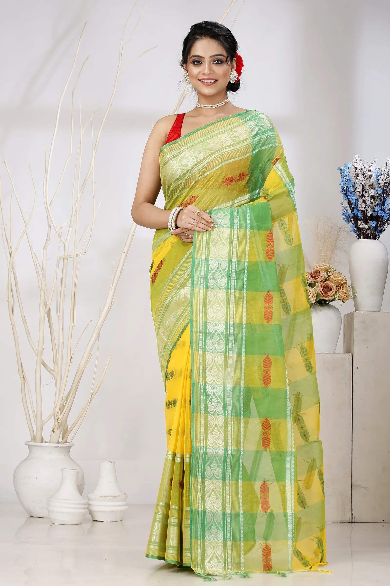 Yellow Green Pure Cotton Raj Nandi Desigine Tant Saree (2832)
