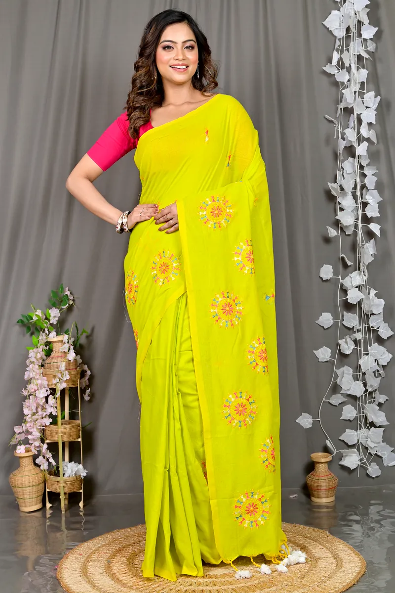 Lime Green Pure Cotton Parama Embroidery Handloom saree (284)