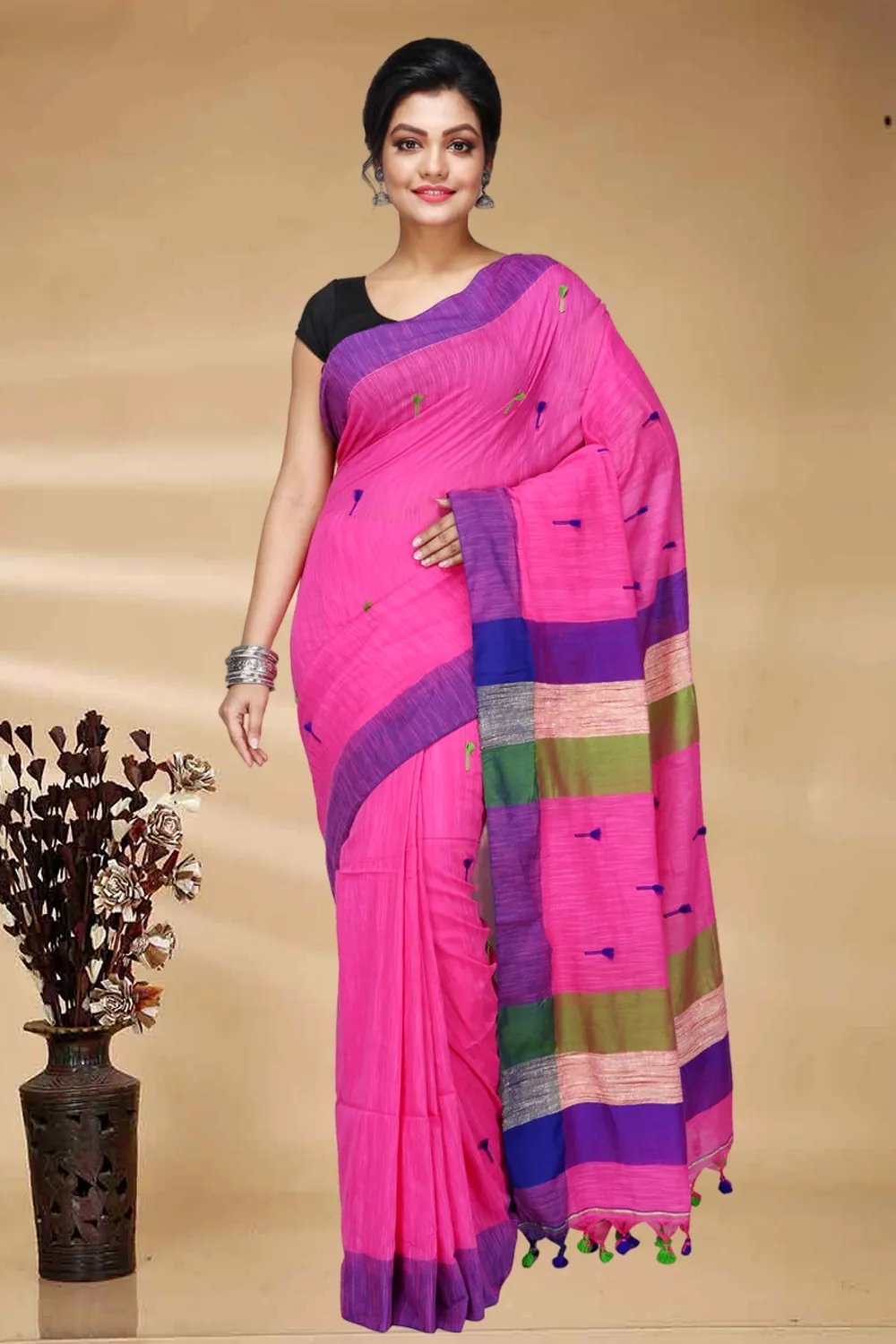 Pink Pure Cotton Clacial Desigined Hand Loom Saree (2847)