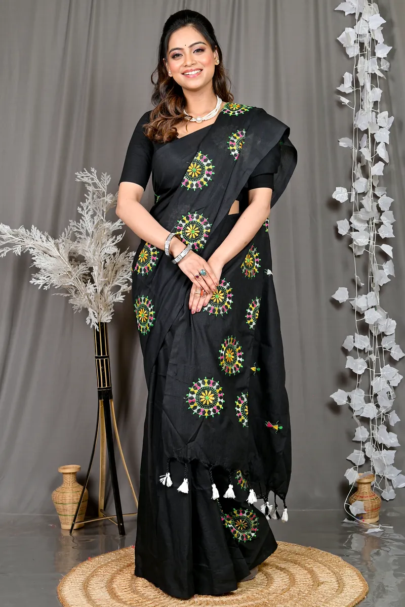 Black Pure Cotton Parama Embroidery Handloom saree (285)